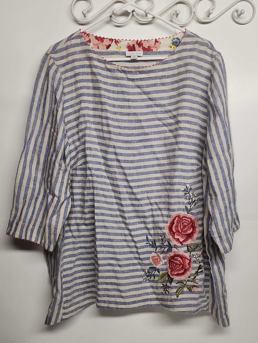 J. Jill Love Linen 100% linen Blue  White Striped Tunic Pink Rose Embroidery 2X